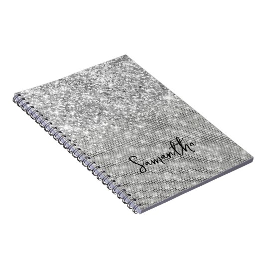 Silver Glitter Diamond Glam Script naam Notitieboek (Rechterzijde)