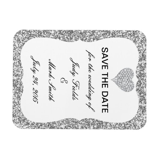 Silver Glitter Diamond Heart bespaart de datum Mag Magneet (Horizontaal)
