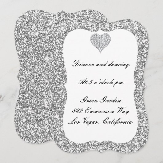 Silver Glitter Diamond Heart Reception Kaart (Voorkant / Achterkant)