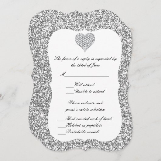 Silver Glitter Diamond Heart Response Kaart (Voorkant / Achterkant)