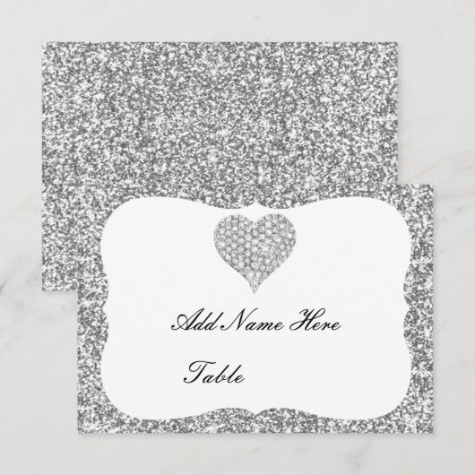 Silver Glitter Diamond Heart Table Kaart (Voorkant / Achterkant)