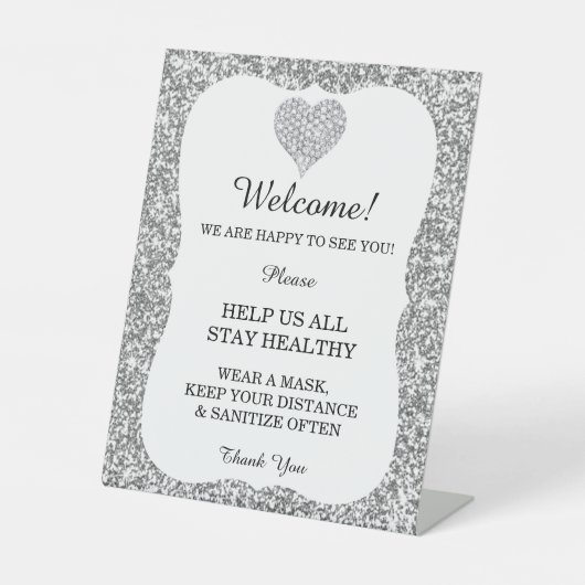 Silver Glitter Diamond Heart Wedding Veiligheid Reclamebord Met Voetstuk (Voorkant)