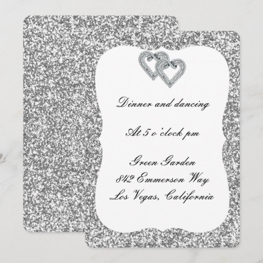 Silver Glitter Diamond Hearts Reception Kaart (Voorkant / Achterkant)