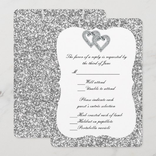 Silver Glitter Diamond Hearts Response Kaart (Voorkant / Achterkant)