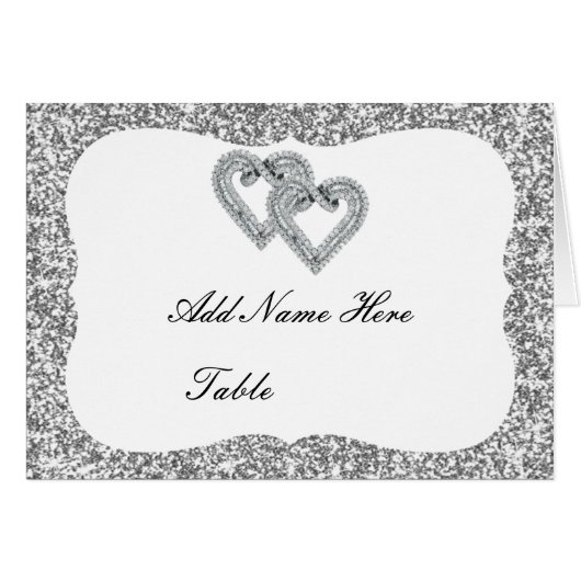 Silver Glitter Diamond Hearts Table Place Card (Voorkant Horizontaal)