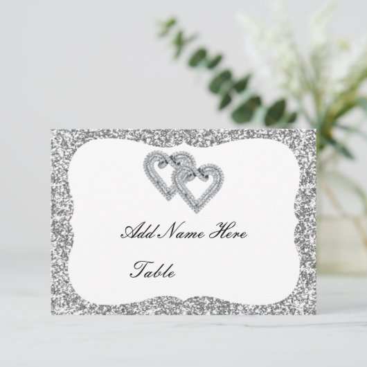 Silver Glitter Diamond Hearts Table Place Card Kaart (Staand voorkant)
