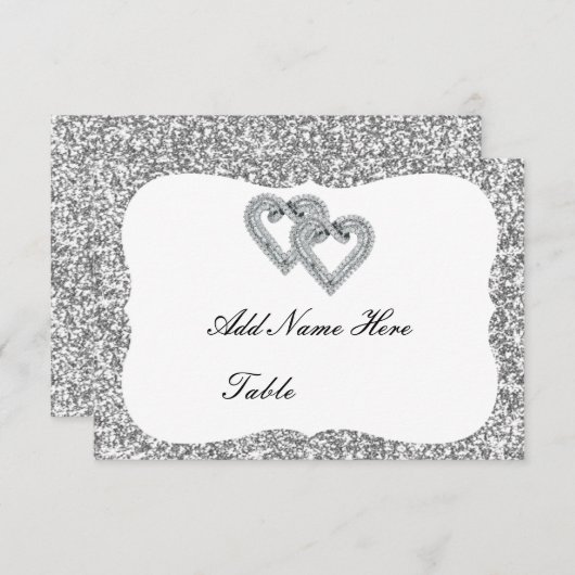 Silver Glitter Diamond Hearts Table Place Card Kaart (Voorkant / Achterkant)