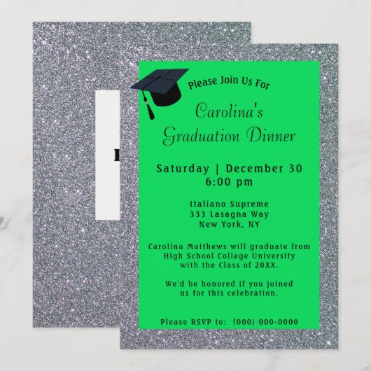 Silver Glitter Dinner Green Afstuderen Kaart (Voorkant / Achterkant)