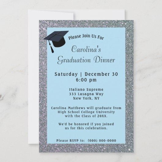 Silver Glitter Dinner Lichtblauw Afstuderen Kaart (Voorkant)
