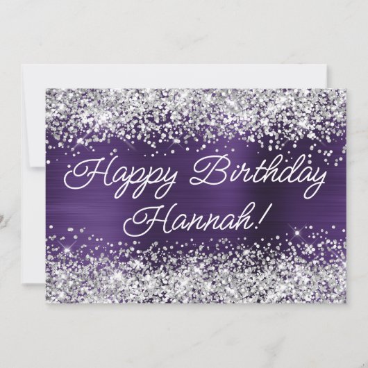 Silver Glitter Donkere Violet Folie Happy Birthday Kaart (Voorkant)