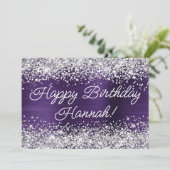 Silver Glitter Donkere Violet Folie Happy Birthday Kaart (Staand voorkant)
