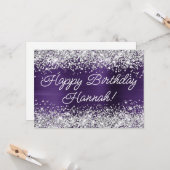 Silver Glitter Donkere Violet Folie Happy Birthday Kaart (Voorkant / Achterkant in situ)