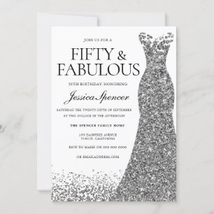 Silver Glitter Dress 50 & Fabulous 50th Party Kaart
