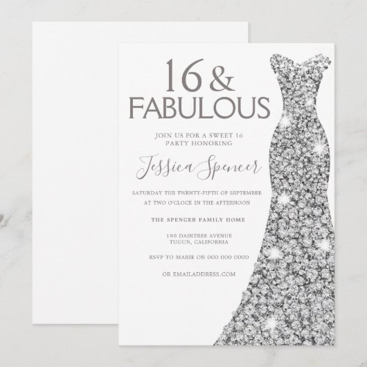 Silver Glitter Dress Fabulous Sweet 16 Party Kaart (Voorkant / Achterkant)