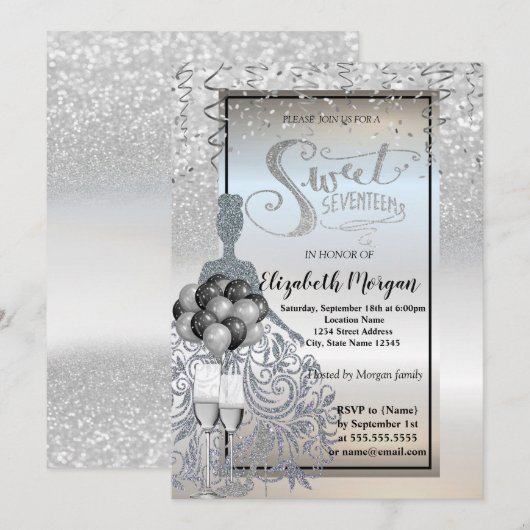 Silver Glitter Dress, Glass, Ballons Sweet 17 Kaart (Voorkant / Achterkant)