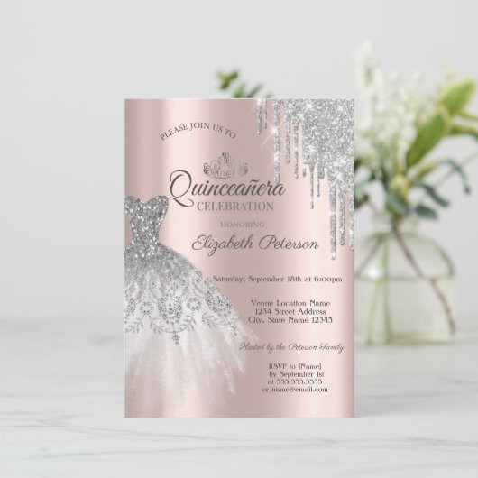 Silver Glitter Dress, Roos Gold Quinceañera Kaart (Staand voorkant)