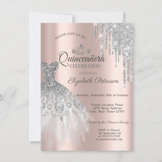 Silver Glitter Dress, Roos Gold Quinceañera Kaart (Voorkant)