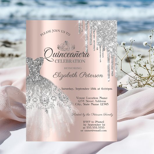 Silver Glitter Dress, Roos Gold Quinceañera Kaart