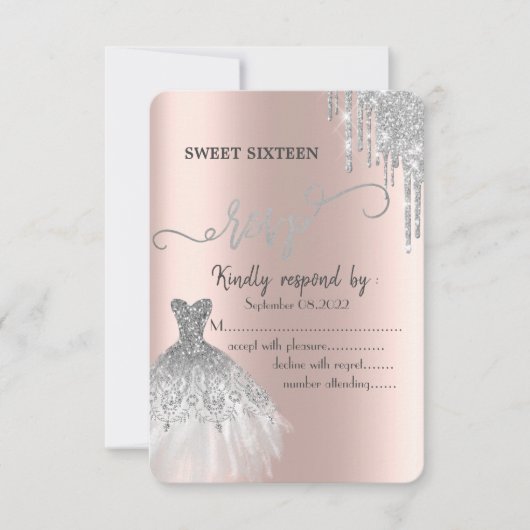 Silver Glitter Dress Sweet 16 RSVP Kaart (Voorkant)