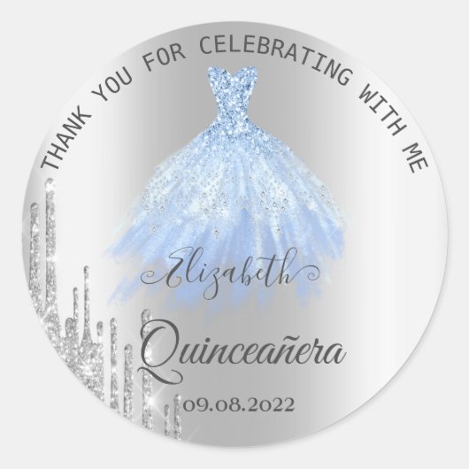 Silver Glitter Drift Blue Dress Quinceañera Ronde Sticker (Voorkant)