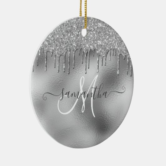 SIlver Glitter Drift Handgeschreven scriptnaam Keramisch Ornament (Rechts)