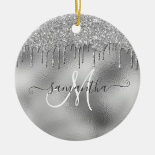 SIlver Glitter Drift Handgeschreven scriptnaam Keramisch Ornament