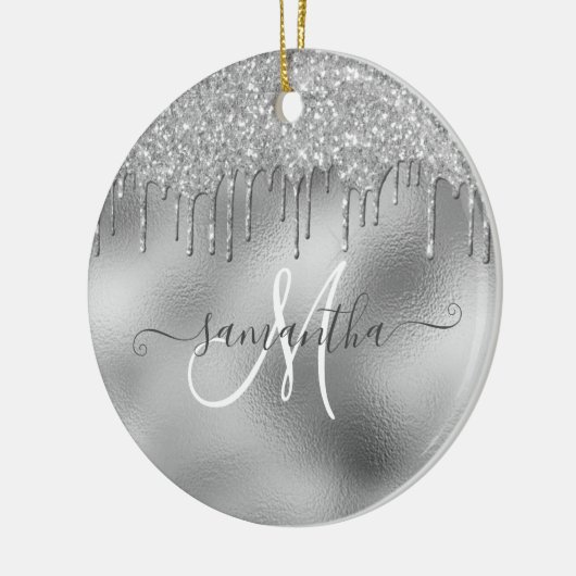 SIlver Glitter Drift Handgeschreven scriptnaam Keramisch Ornament (Links)