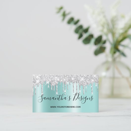 Silver Glitter Drift Lichte Blauwgroen Ombre Onlin Visitekaartje (Staand voorkant)