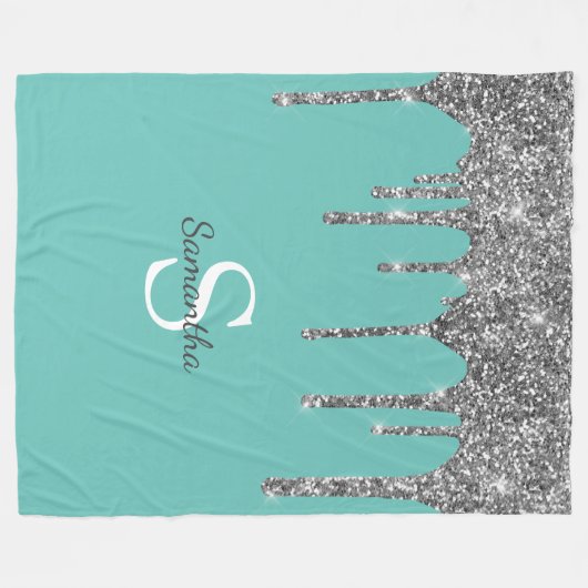 Silver Glitter Drift Light Blauwgroen Monogram Nam Fleece Deken (Voorkant (Horizontaal))