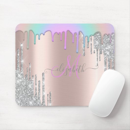 Silver Glitter Drift Rainbow Roos Gold Monogram Muismat (Met muis)