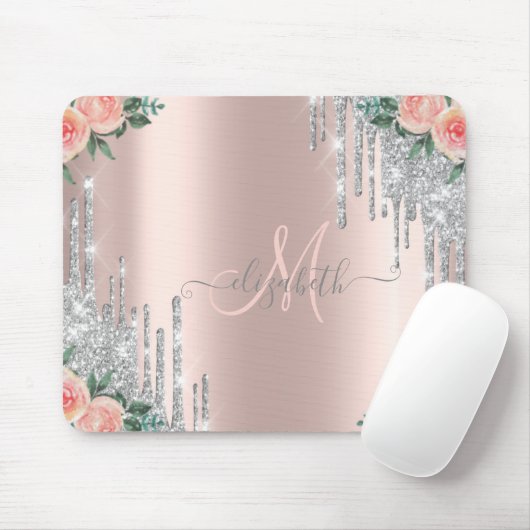Silver Glitter Drift Roos Gold Floral Monogram Muismat (Met muis)