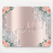 Silver Glitter Drift Roos Gold Floral Monogram Muismat (Voorkant)