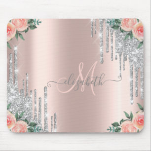 Silver Glitter Drift Roos Gold Floral Monogram Muismat