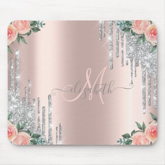 Silver Glitter Drift Roos Gold Floral Monogram Muismat (Voorkant)