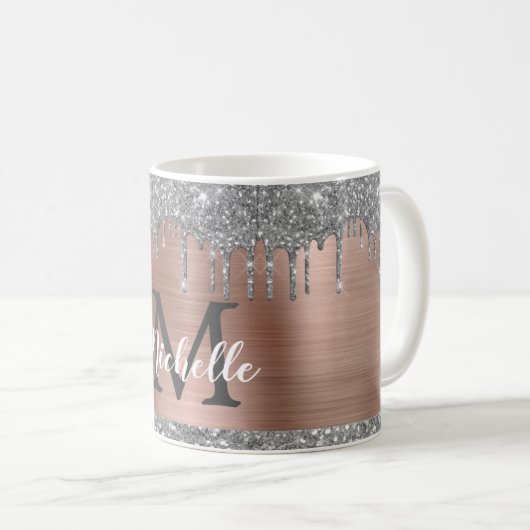 Silver Glitter Drift Roos Gold Metal Monogram Koffiemok (Voorkant rechts)
