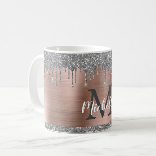 Silver Glitter Drift Roos Gold Metal Monogram Koffiemok (Voorkant links)
