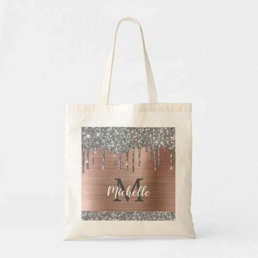 Silver Glitter Drift Roos Gold Metal Monogram Tote Bag (Voorkant)
