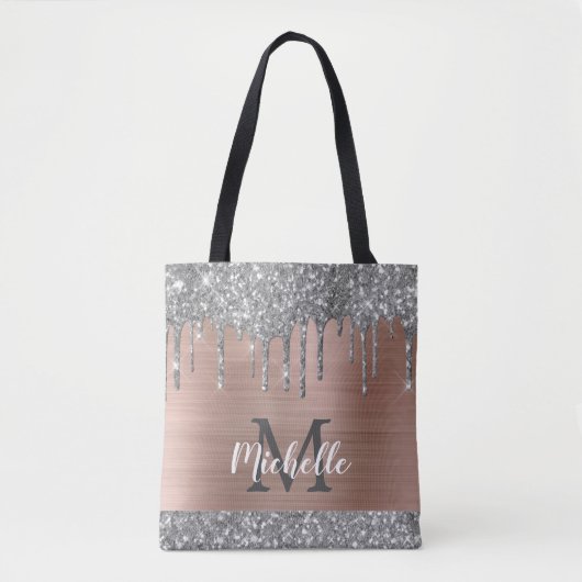 Silver Glitter Drift Roos Gold Metal Monogram Tote Bag (Voorkant)