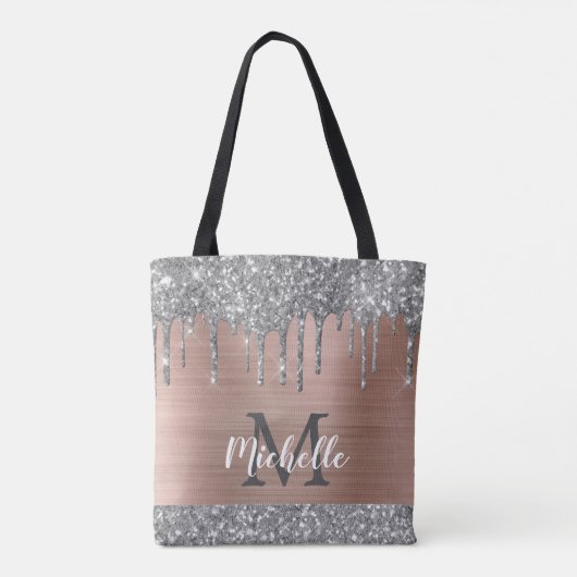 Silver Glitter Drift Roos Gold Metal Monogram Tote Bag (Achterkant)