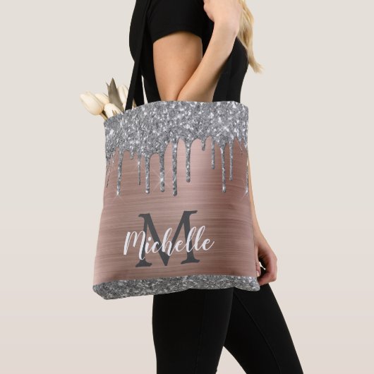 Silver Glitter Drift Roos Gold Metal Monogram Tote Bag (Dichtbij)