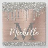 Silver Glitter Drift Roos Gold Metal Name Monogram Stenen Onderzetter (Voorkant)