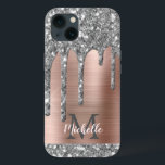 Silver Glitter Drift Roos Gold Metallic Monogram Case-Mate iPhone Case<br><div class="desc">Moderne, girale, grijze glitter druipt naam en monogrammed iphone case. Dit ontwerp is voorzien van zilvergrijze (grijze) glittersparkle op roze roze roze goudbruine metalen achtergrond met aangepast gepersonaliseerd monogram initiaal en sjabloon van voornaam tekst. Perfect vrouwelijk geschenk. Let op, dit ontwerp is een fotogeprint effect. Neem contact met me op...</div>