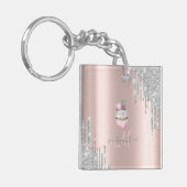 Silver Glitter Drift Roos Gold Monogram Cupcake Sleutelhanger (Voorkant Links)