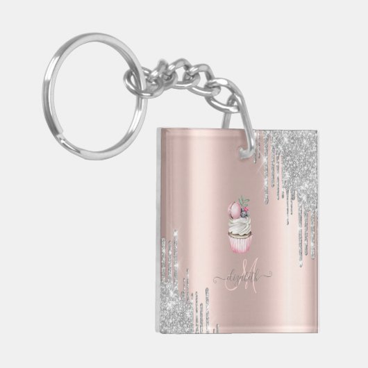 Silver Glitter Drift Roos Gold Monogram Cupcake Sleutelhanger (Voorkant Links)