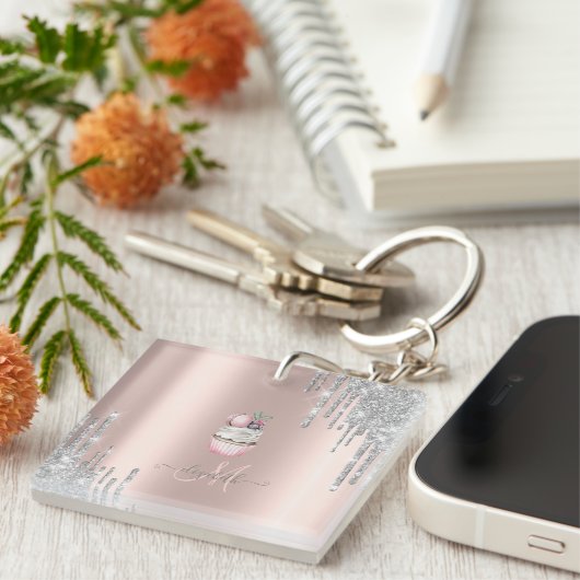 Silver Glitter Drift Roos Gold Monogram Cupcake Sleutelhanger (Voorkant Rechts)