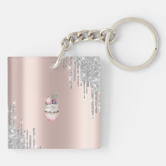 Silver Glitter Drift Roos Gold Monogram Cupcake Sleutelhanger (Achterkant)