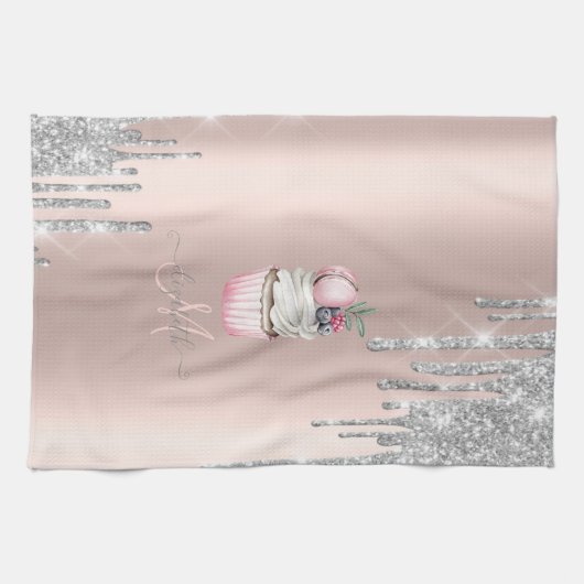 Silver Glitter Drift Roos Gold Monogram Cupcake Theedoek (Horizontaal)