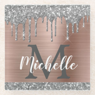 Silver Glitter Drift Roos Gold Name Monogram Glazen Onderzetter