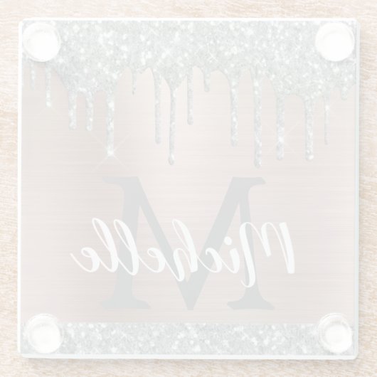 Silver Glitter Drift Roos Gold Name Monogram Glazen Onderzetter (Achterkant)