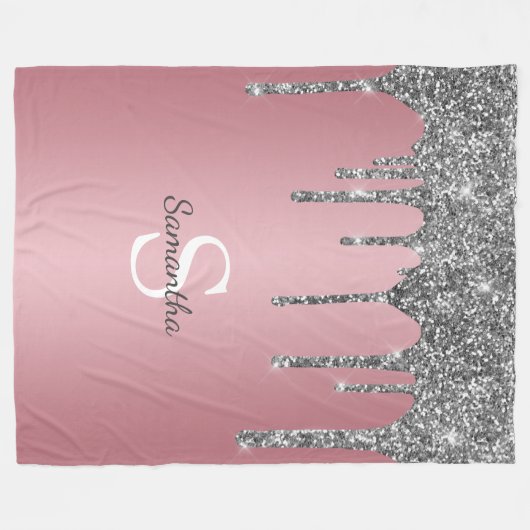 Silver Glitter Drift Roos Gold Pink Monogram Naam Fleece Deken (Voorkant (Horizontaal))